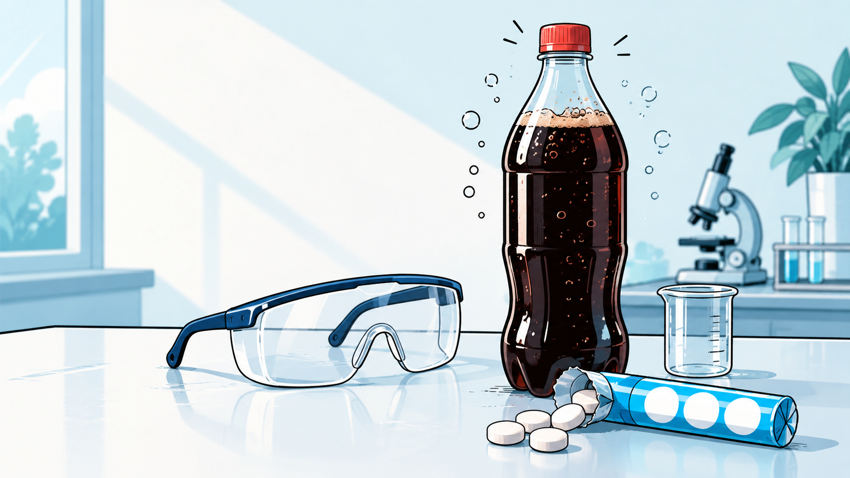 Gezeichnete Cola, Mentos und Schutzbrille