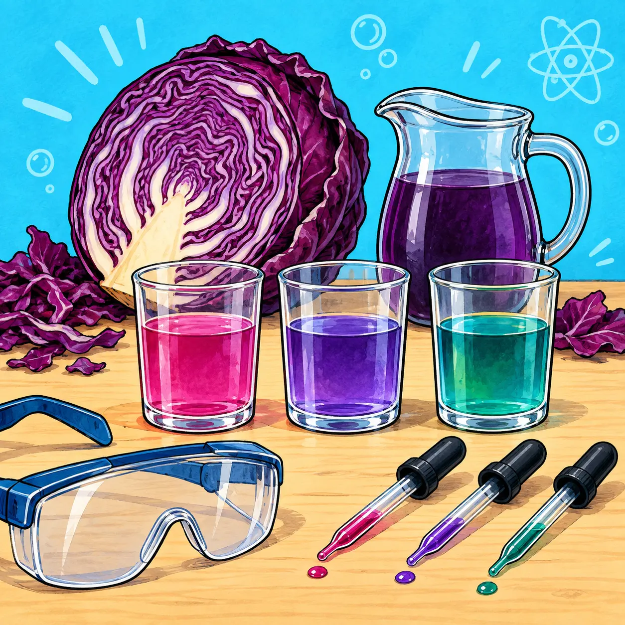 Gezeichneter Versuch: Rotkohl-Indikator
